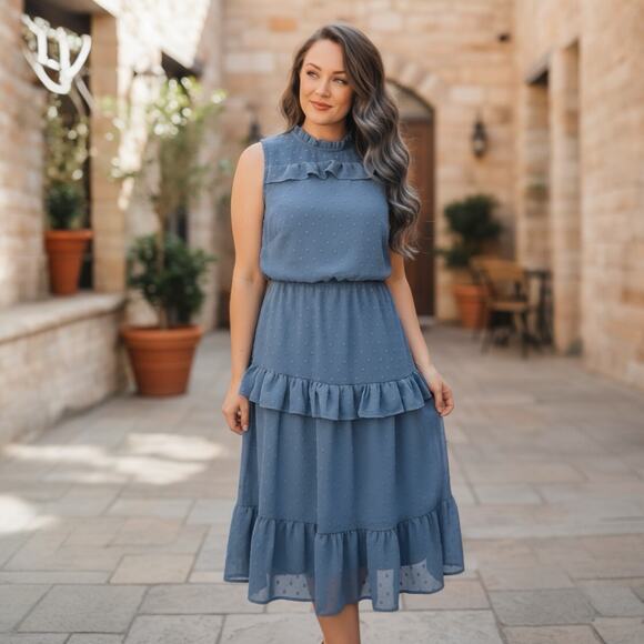 Monteau Los Angeles Blue Swiss Dot Ruffle Midi Dress - L - Picture 1 of 10